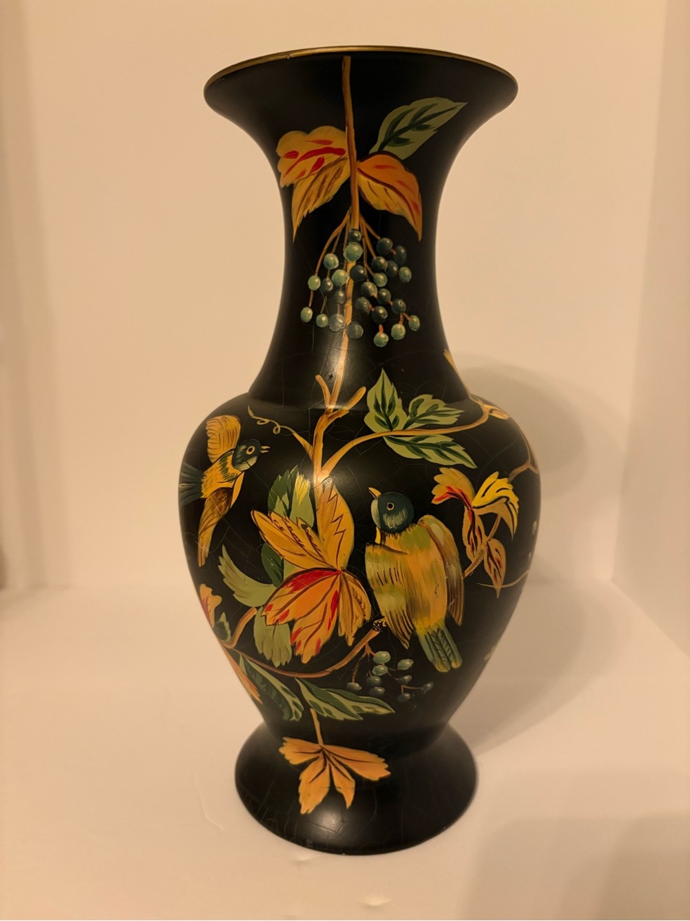 Hand-Painted Black & Yellow Floral Bird Vase